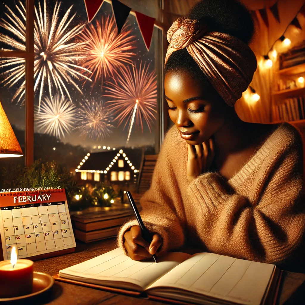 Image générée par IA d'une femme noir qui acrit dans son agenda un soir de nouvel an